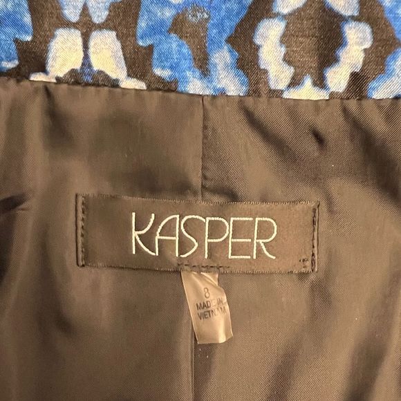 Kasper Cabana Blue Black & White Ikat Open Front Mandarin Collar Blazer Size 8 - Picture 5 of 10
